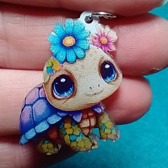 Cute turtle with flowers multicolor colorful wire dangle earrings blue purple - Picture 1 of 3